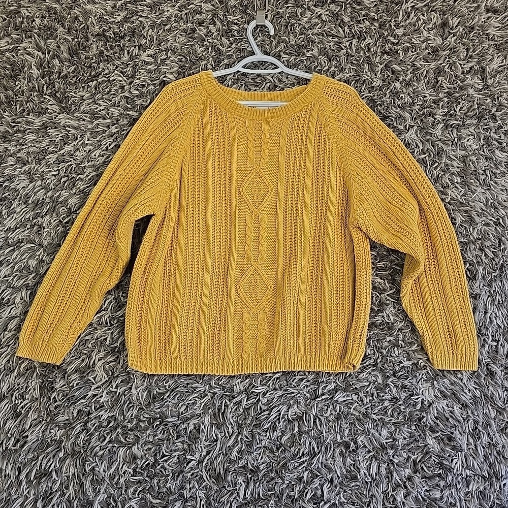 Vtg 90s Cable Knit Sweater Mens Sz L Yellow Pull Over Fisherman Chunky Ski Cozy